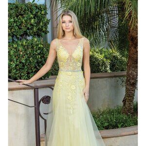 New Sleeveless Mermaid Prom Tulle Gown w/ Floral Applqiue & Deep V-Neck DQ 4311